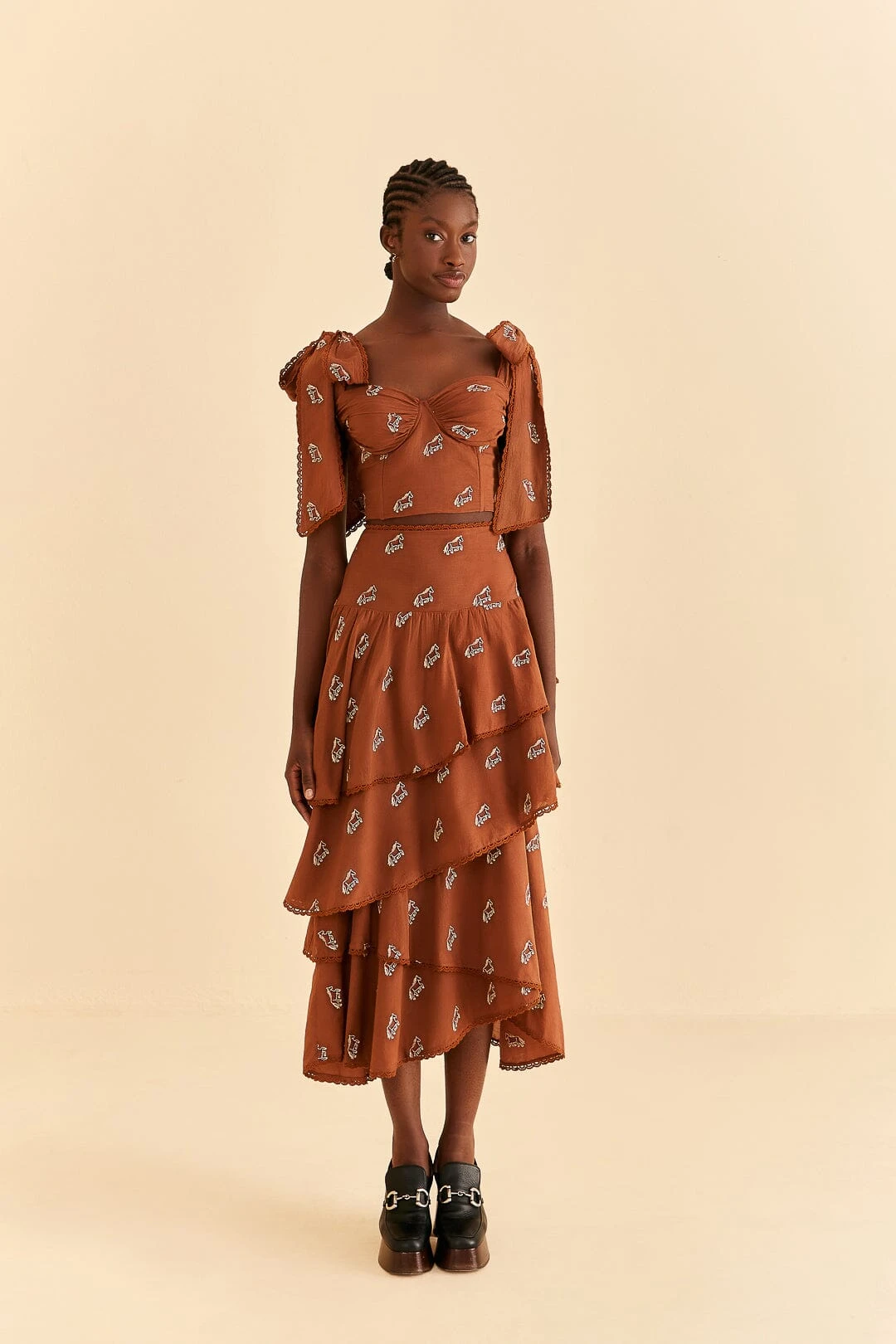 Farm Rio Caramel Embroidered Horses Crop Top 4 Farm Rio Caramel Embroidered Horses Crop Top - Image 2