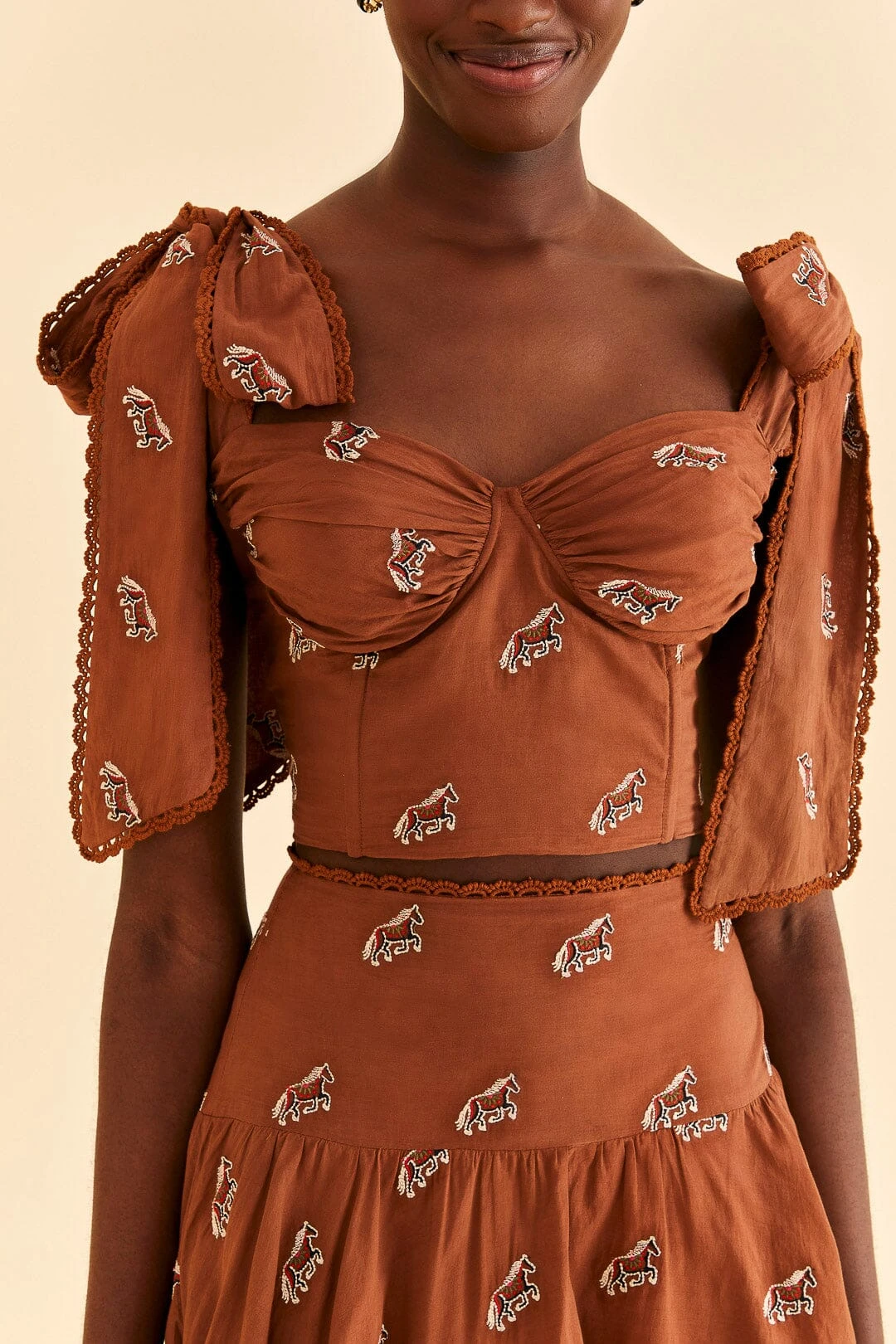 Farm Rio Caramel Embroidered Horses Crop Top 5 Farm Rio Caramel Embroidered Horses Crop Top - Image 3